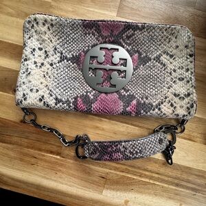 Tory Burch Audra Reva natural python leather black chain handbag Embossed clutch